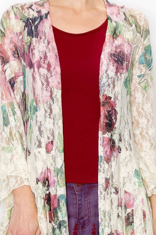Origami Apparel ~  Lace and Crochet inspired - Boho Inspired Lace Duster With Bell Sleeves - U052 BIG ROSE
