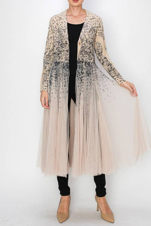 Origami Apparel ~  Lace and Crochet inspired - Chic Contrast Longline Blazer Jacket With Mesh Tulle Panel - 4773TP LEOROSE