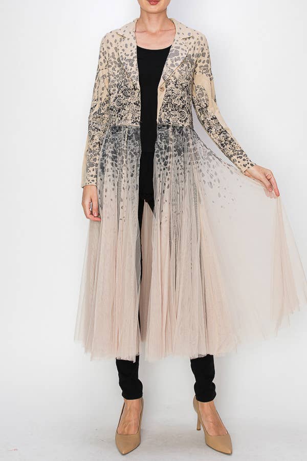 Origami Apparel ~  Lace and Crochet inspired - Chic Contrast Longline Blazer Jacket With Mesh Tulle Panel - 4773TP LEOROSE