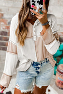 Gray Exposed Seam Ribbed Henley Hooded Long Sleeve Top