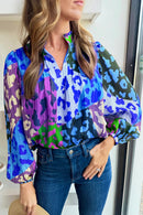 Orange Leopard Print Puff Sleeve Crinkle Blouse