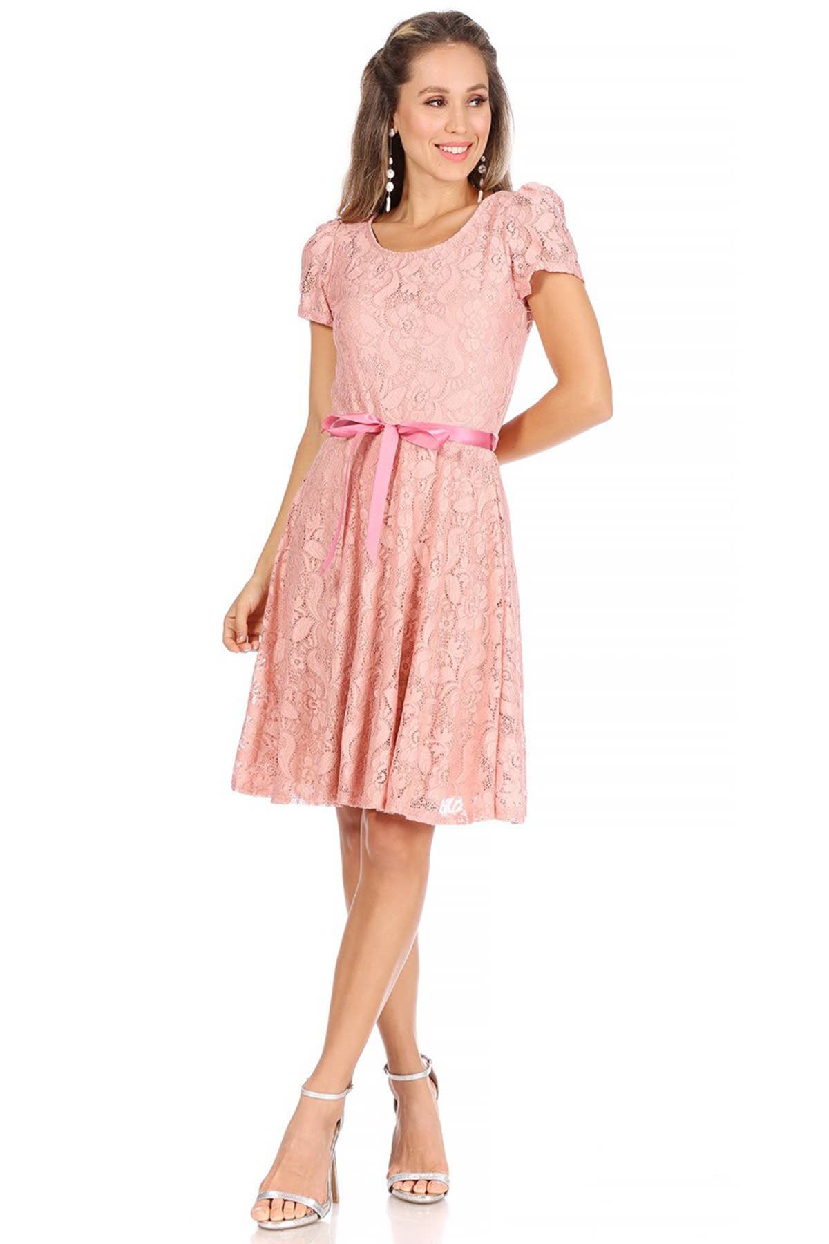 MOA COLLECTION - Women's Lace Short Sleeve A-Line Midi Dress