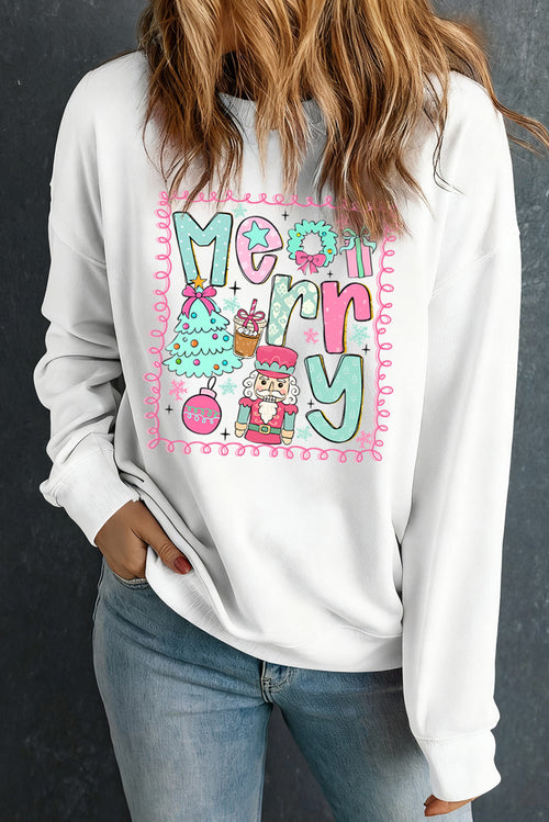 White Merry Christmas Fashion Graphic Heat Transfer Printing Cotton Blend Sweatshirt