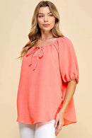 Shopin LA - ST4082D - WOMEN SOLID PUFF SHORT SLV WOVEN TOP W TIE DETAIL