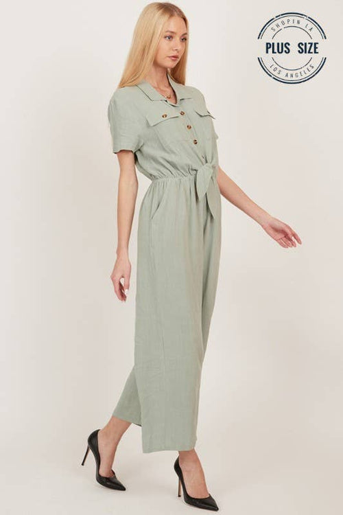 Shopin LA - CSP9220P - PLUS BUTTON UP FRONT POCKET COLLARED JUMPSUIT