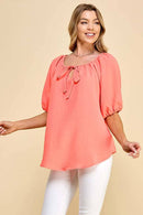 Shopin LA - ST4082D - WOMEN SOLID PUFF SHORT SLV WOVEN TOP W TIE DETAIL