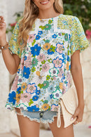 Rose Red Bubble Sleeve Lace Trim Floral Blouse