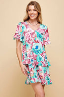Shopin LA - .SD21025-1011 WOMEN FLORAL SHORT SLV MIDI DRESS WITH RUFFLE