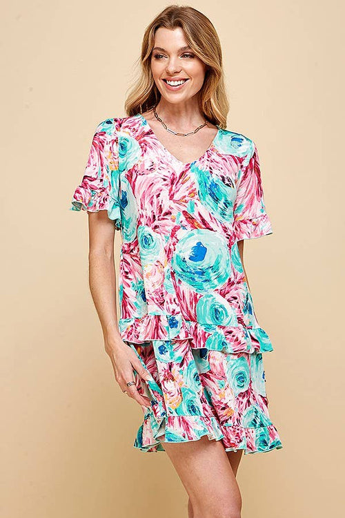 Shopin LA - .SD21025-1011 WOMEN FLORAL SHORT SLV MIDI DRESS WITH RUFFLE