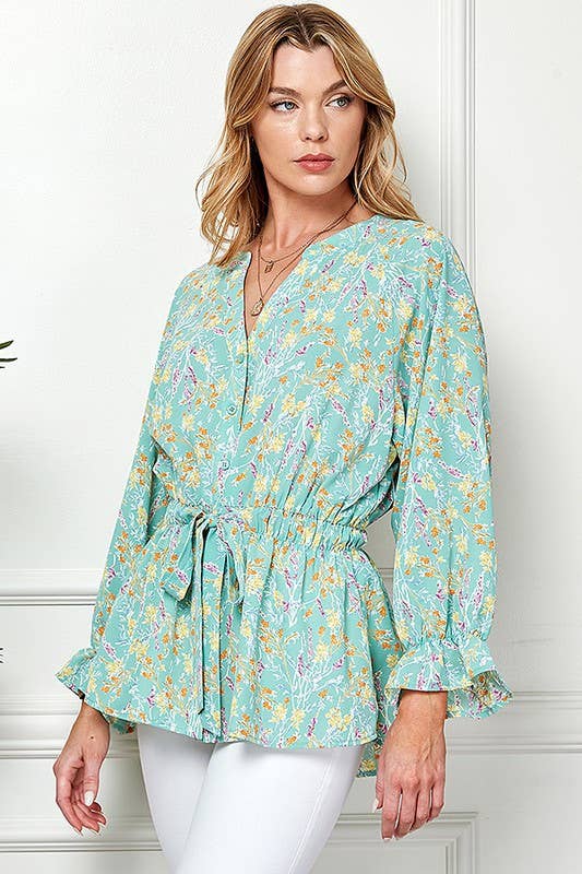Shopin LA - CSP9143. - WOMEN MULTI COLOR RUFFLE DRAWSTRING BUTTON TOP