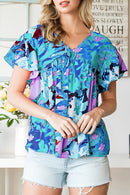 Sky Blue Boho Abstract Print V Neck Flutter Sleeve Blouse