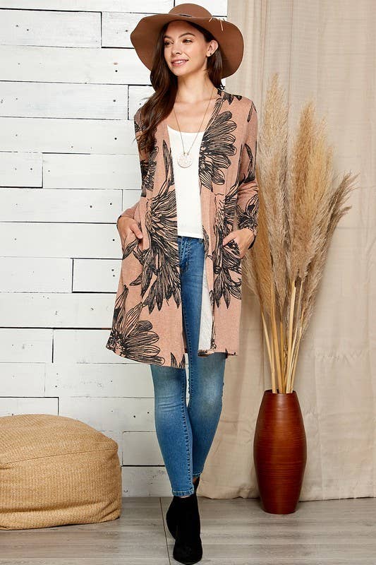 Shopin LA - SG21021-2087 - WOMEN FLORAL PRINT SOFT POCKET CARDIGAN