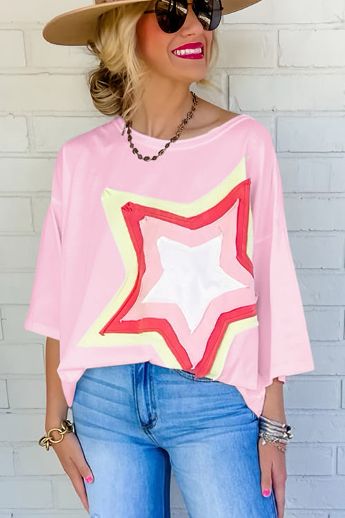 Moonlight Jade Colorblock Star Patched Half Sleeve Oversized Tee