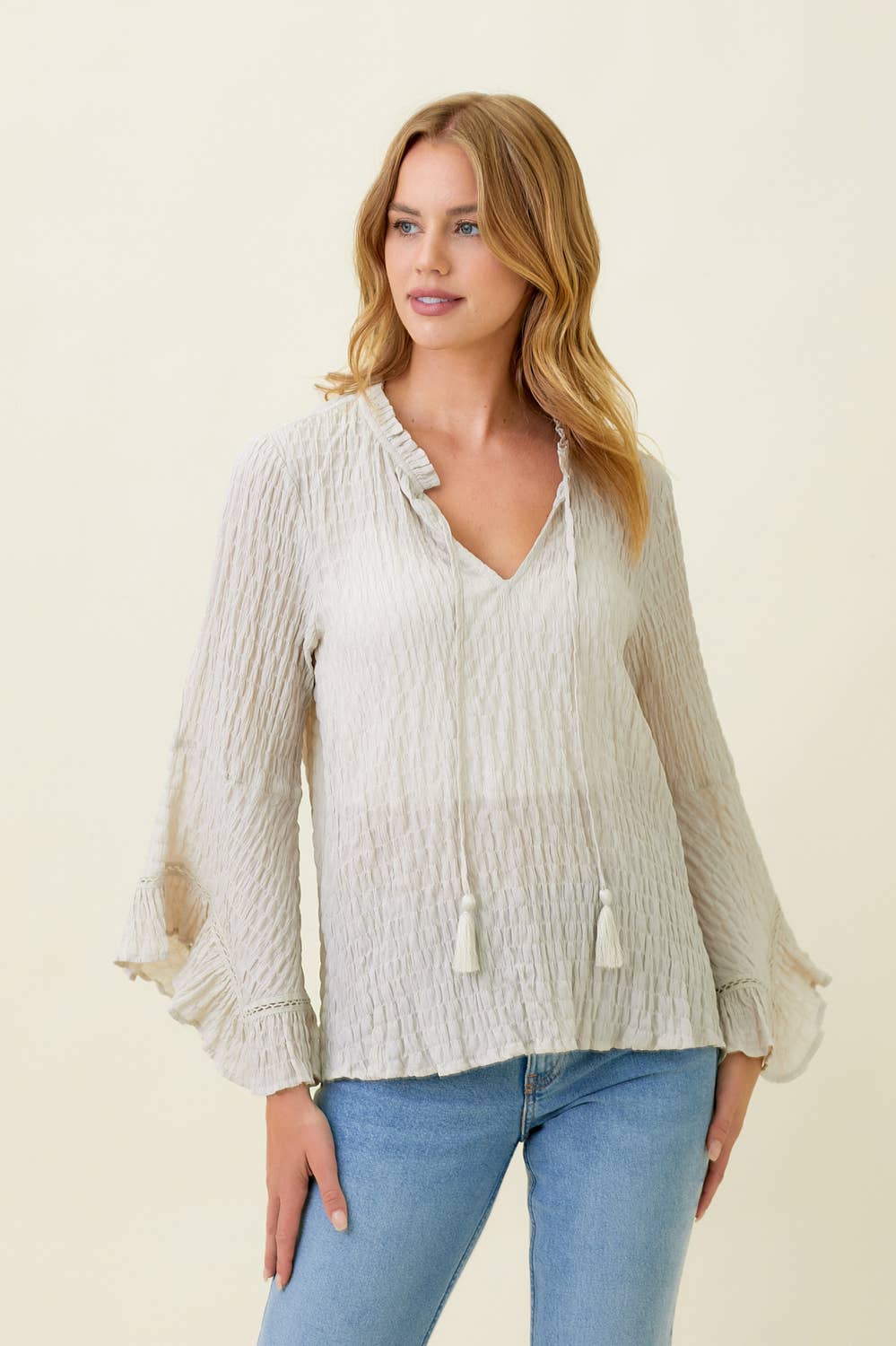 Mystree - 57645 Crinkle Bell Sleeve Blouse