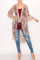 Origami Apparel ~  Lace and Crochet inspired - Ethereal Lace Tiered High-Low Kimono Cardigan - 4508 TAUPE/2 ROSE