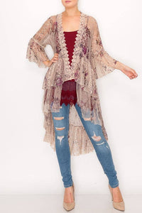 Origami Apparel ~  Lace and Crochet inspired - Ethereal Lace Tiered High-Low Kimono Cardigan - 4508 TAUPE/2 ROSE