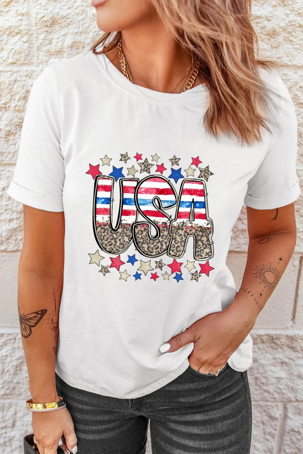 Patriotic Star Leopard USA Letter Graphic T Shirt