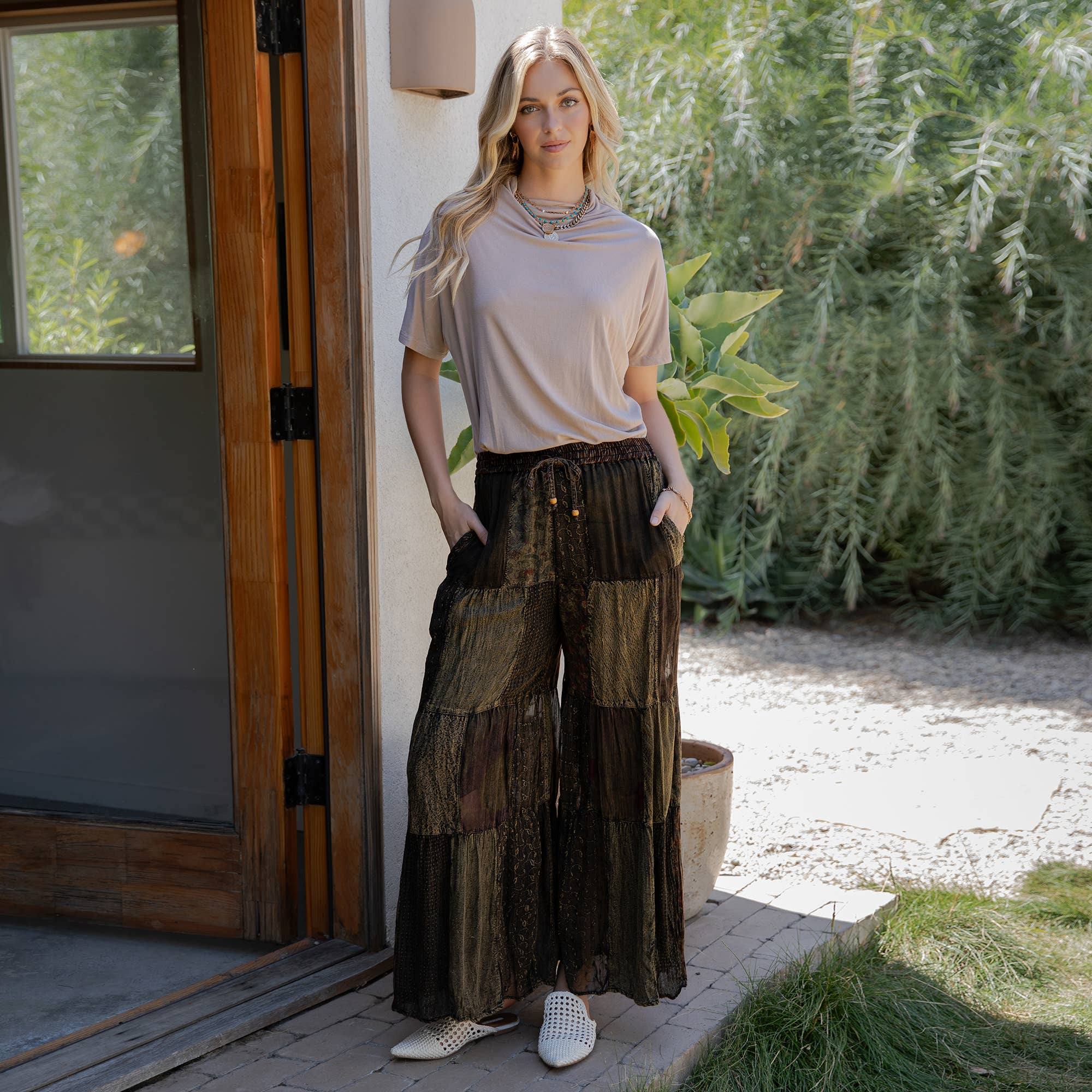 Young Threads - Retro Revival Long Flared Patchwork Pants (New Color)