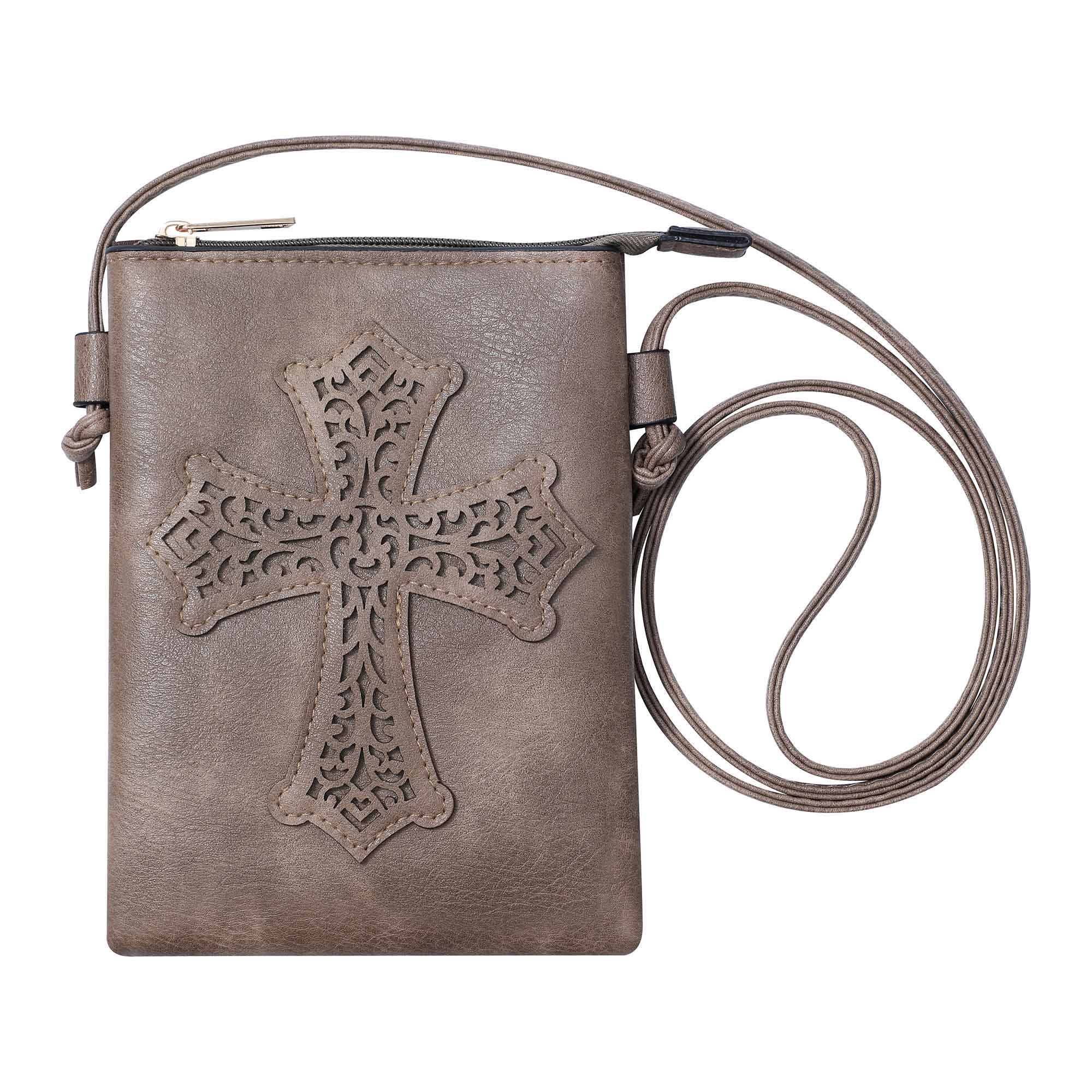 Shine Mark Accessories - Taupe - Cross laser cut crossbody cellphone bag