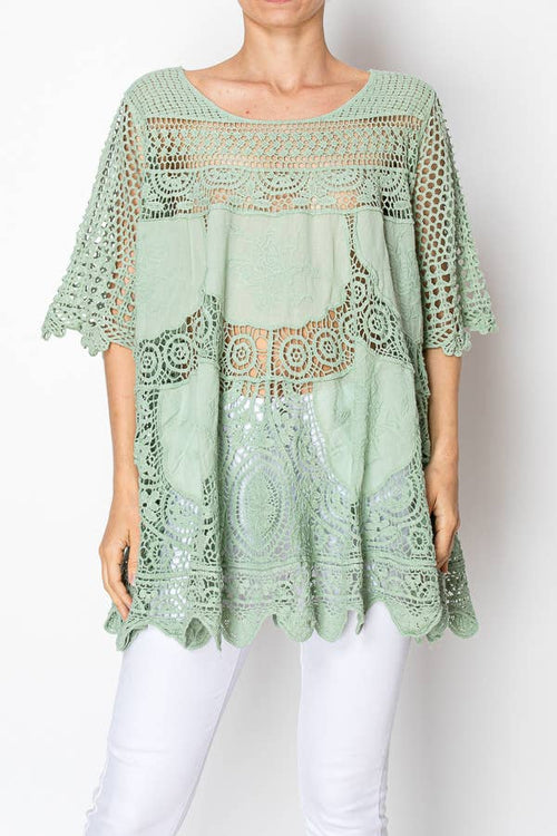 Origami Apparel ~  Lace and Crochet inspired - Boho Flowy Textured Lace Crochet Tunic Top - 4516SAGE