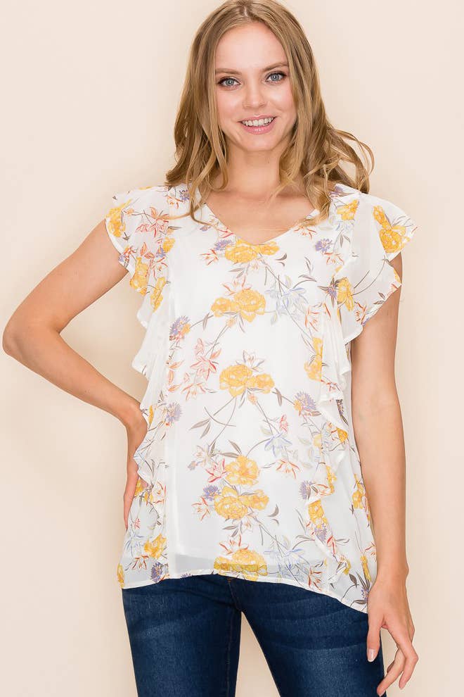 Shopin LA - SP2919T-0619 - WOMEN FLORAL PRINT RUFFLE BLOUSE