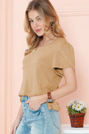 White Tulip Sleeve Waffle Knit V Neck T-Shirt