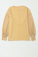 Khaki Colorblock Striped Bishop Sleeve Side Slits Top