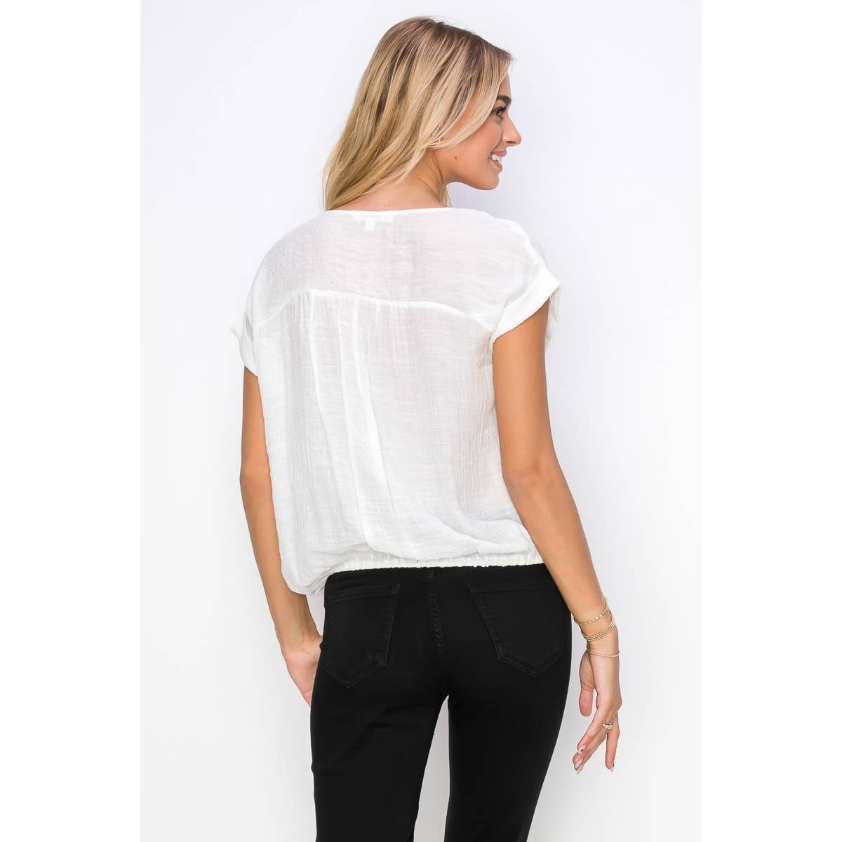 Perseption - Keyhole Tie Neck Pintuck Front Peasant Blouse