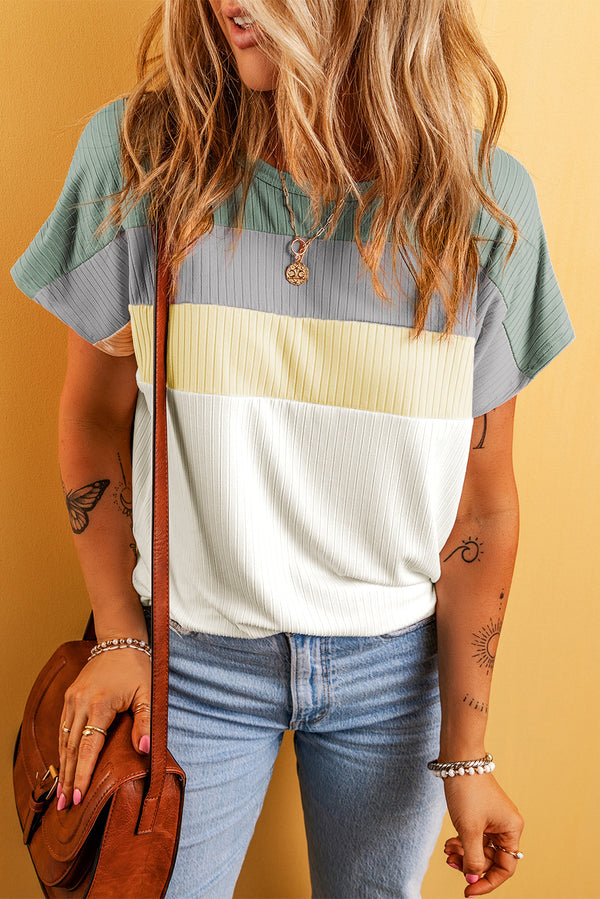 Moonlight Jade Ribbed Color Block Patchwork T shirt