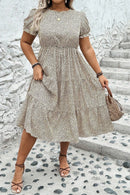 Beige Plus Size Leopard Print Frill Trim Short Sleeve Flared Dress