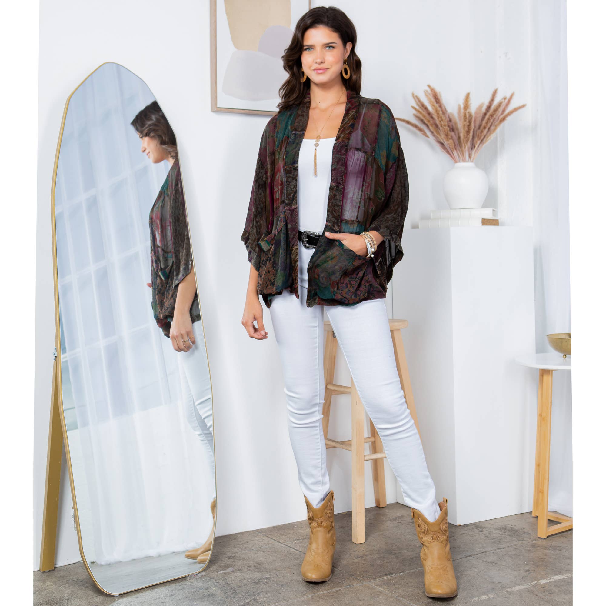 YOUNG THREADS - Western Kimono Top In Overdyed Mix N Match Patches