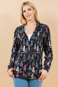 Cat Facing Backward Adorable Print Zipper Hoodie