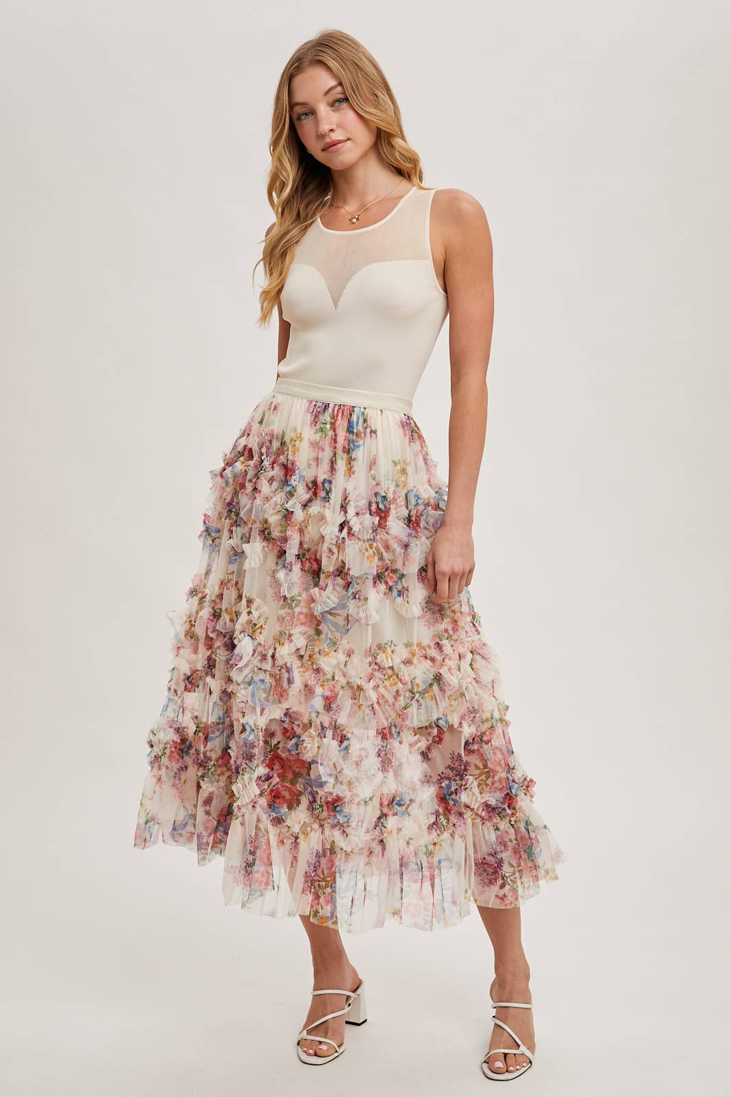 Bluivy - FLORAL RUFFLED MESH MIDI SKIRT