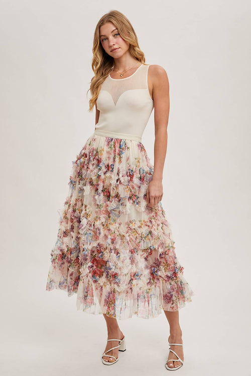 Bluivy - FLORAL RUFFLED MESH MIDI SKIRT