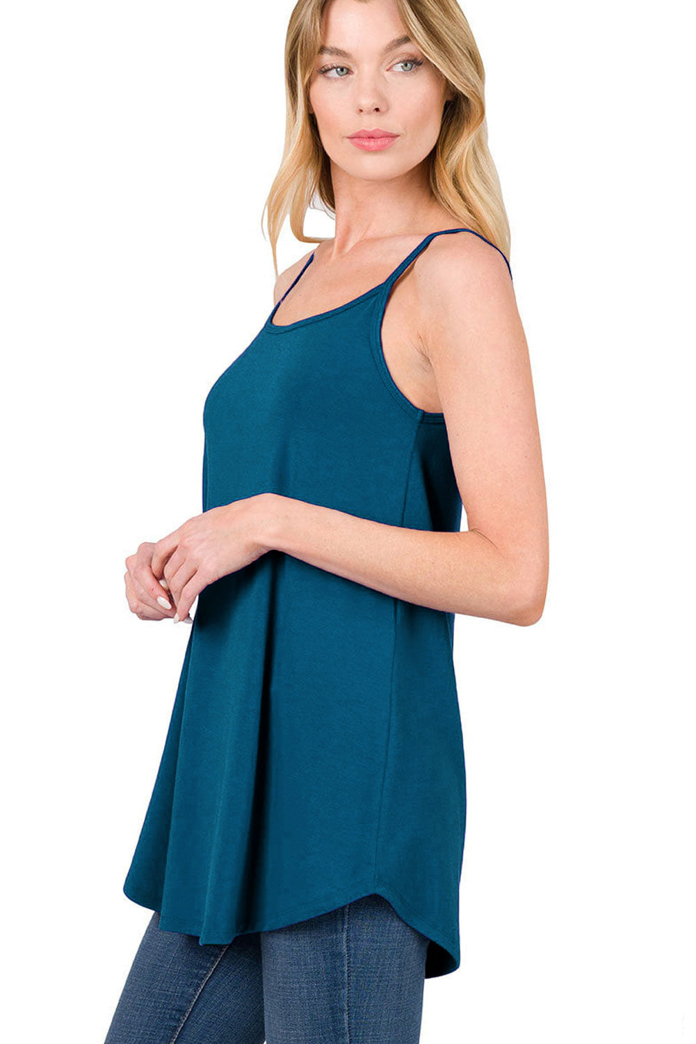 Blue Spaghetti Strap V Neck Flowy Tunic Cami Top