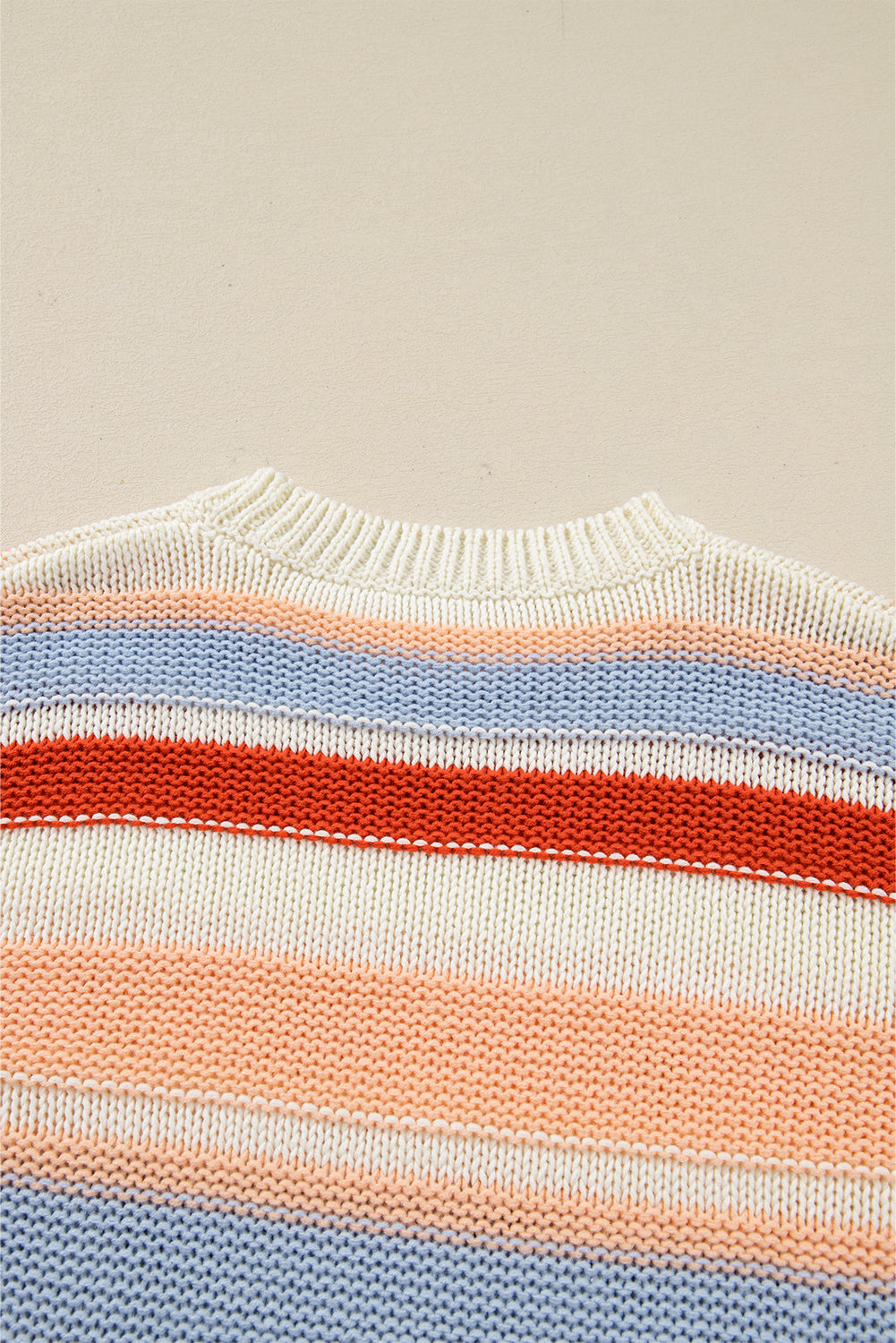 Pink Striped Colorblock Round Neck Drop Shoulder Sweater