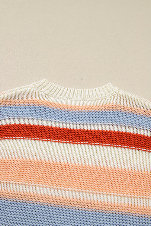 Pink Striped Colorblock Round Neck Drop Shoulder Sweater
