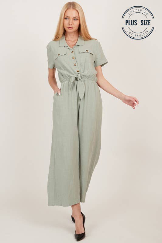 Shopin LA - CSP9220P - PLUS BUTTON UP FRONT POCKET COLLARED JUMPSUIT