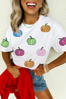 White Sequin Pumpkin Patched Cotton Blend T Shirt
