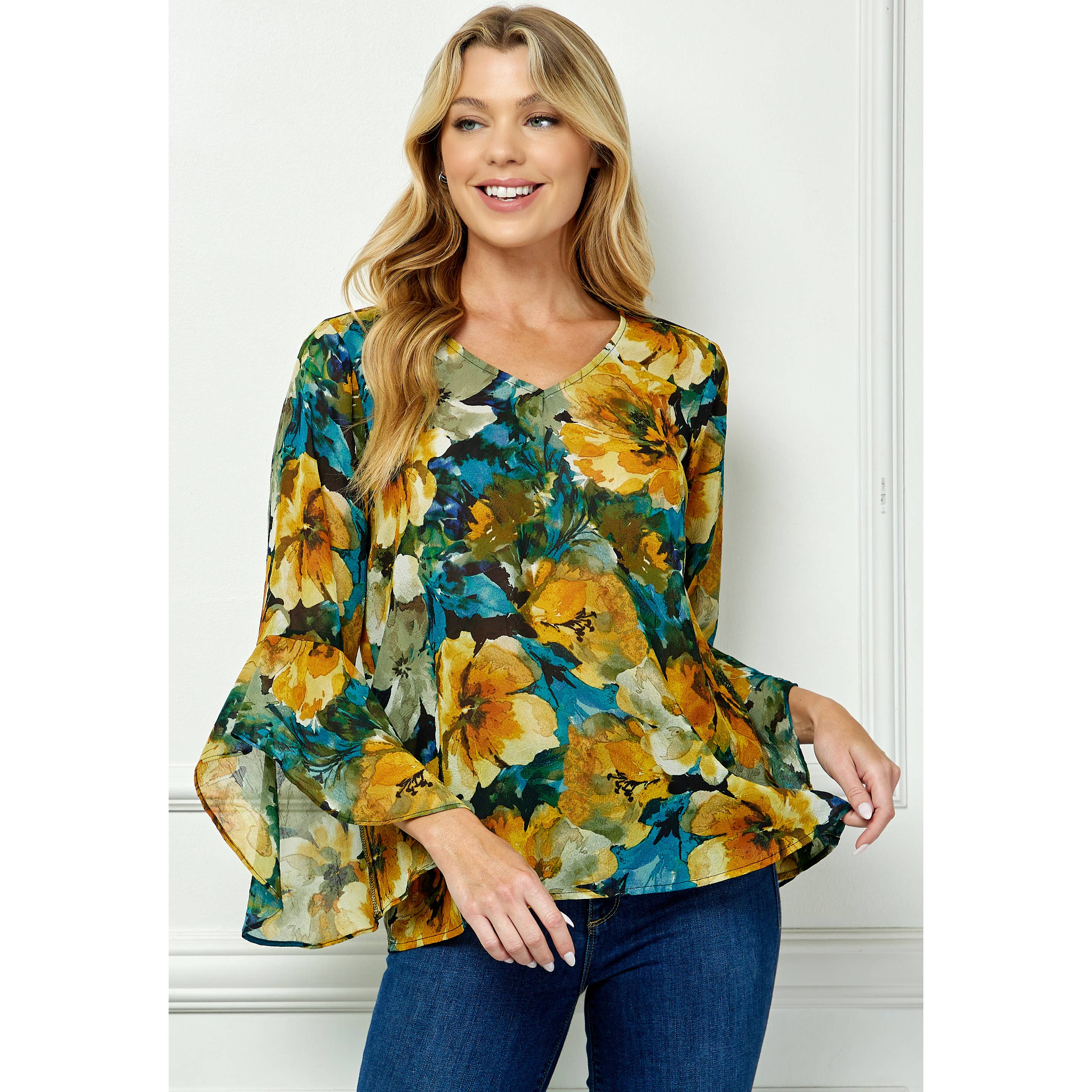 Winslow Collection - RUFFLE SLEEVE V-NECK SWING BLOUSE