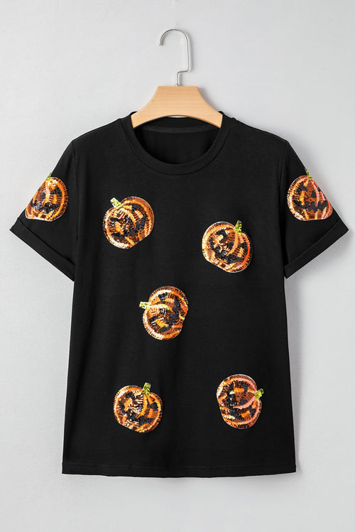 Black Halloween Sequin Pumpkin Face Graphic T Shirt