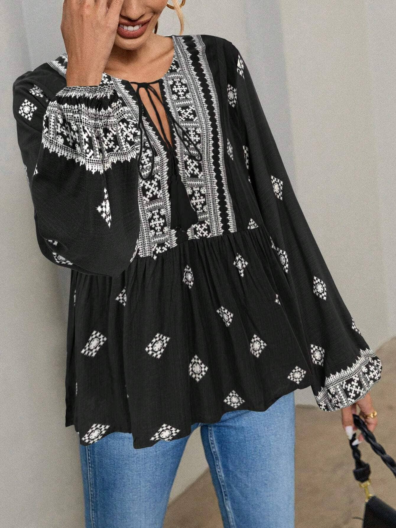 Hope & Sunshine - Boho Lantern Sleeve Tie-Neck Blouse