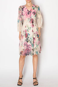 Origami Apparel ~  Lace and Crochet inspired - Dreamy Lined Short Lace Dress With Bell Sleeves -  4810BG BIG ROSE