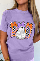 Wisteria Boo Checkered Ghost Heat Transfer Printing Crewneck Graphic Tee