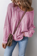 Orchid Petal Waffle Patchwork Raglan Sleeve Exposed Seam Sweatshirt