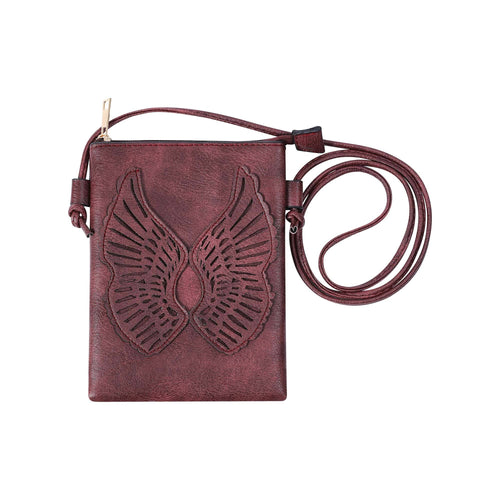 Shine Mark Accessories - Wine - Laser Cut Crossbody Cellphone Bag - Angel Wings