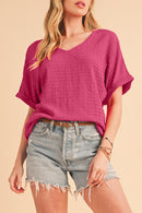 Bright Pink Textured Rolled Short Sleeve V Neck Blouse