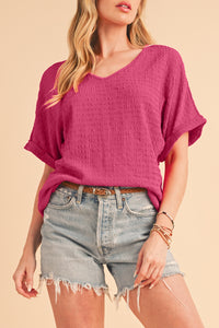 Bright Pink Textured Rolled Short Sleeve V Neck Blouse