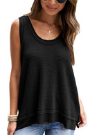 Black Scoop Neck Waffle Knit Splicing Flowy Vest