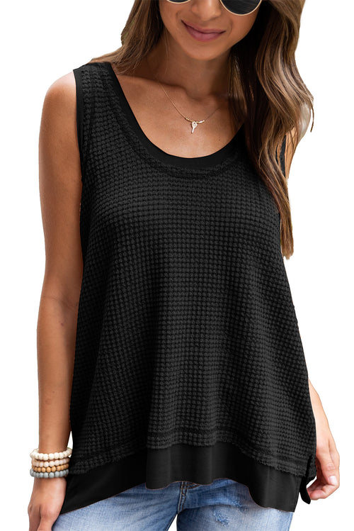 Black Scoop Neck Waffle Knit Splicing Flowy Vest